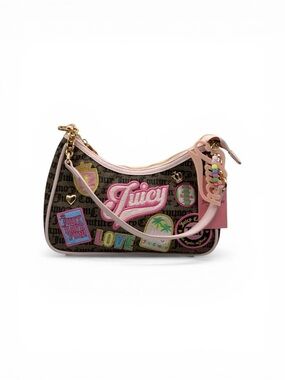 Juicy Couture Brown Monogram Patchwork Shoulder Bag with Pink Trim